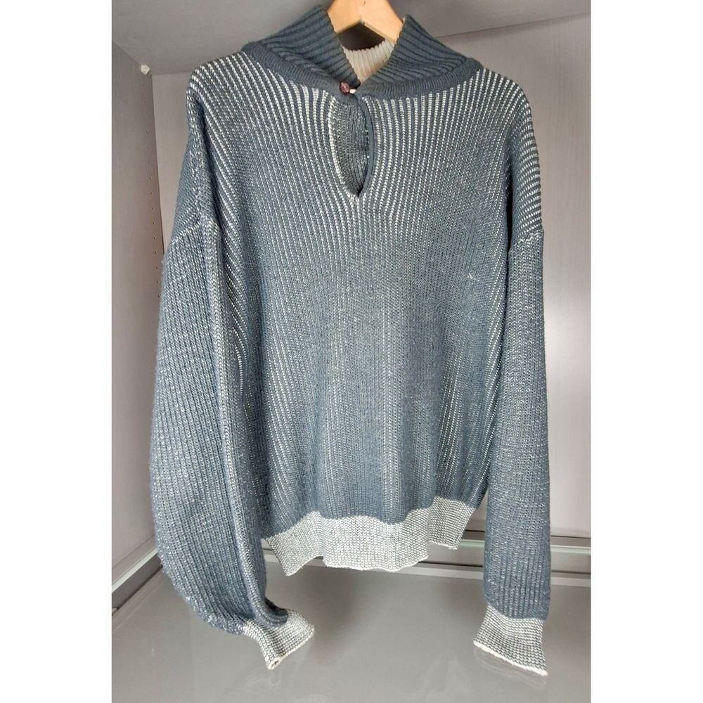 Wayne Scott Vintage Mens Large Blue Acrylic Knit Shawl Collar Button Sweater L
